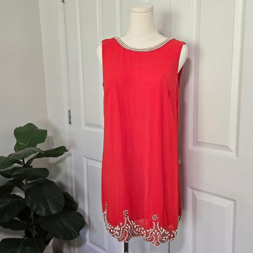Ark & Co Mini Dress Womens Small Red‎ Faux Pearl Beaded Hem Shift Sleeveless Tie